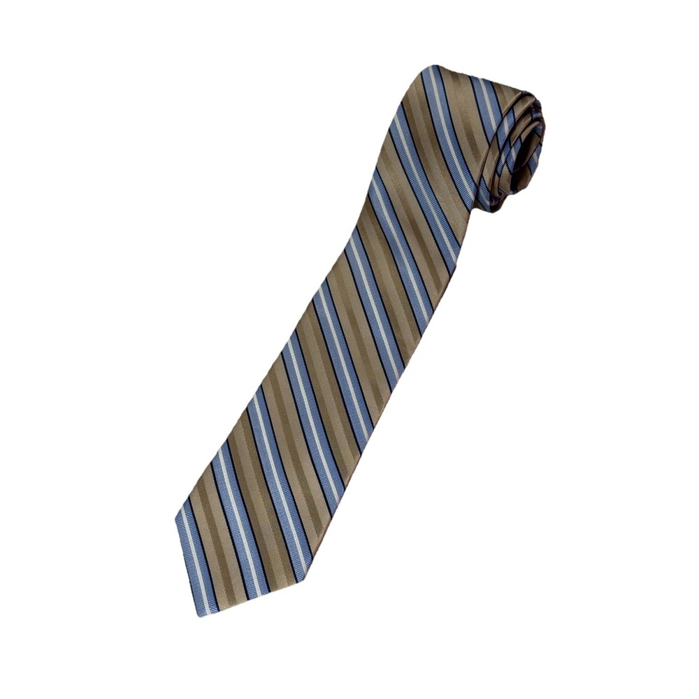 Saddlebred Silk Necktie Mens Gold Light Blue Navy Diagonal Stripe Pattern Tie